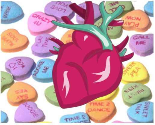 Illustration of a human heart in front of scattered candy hearts