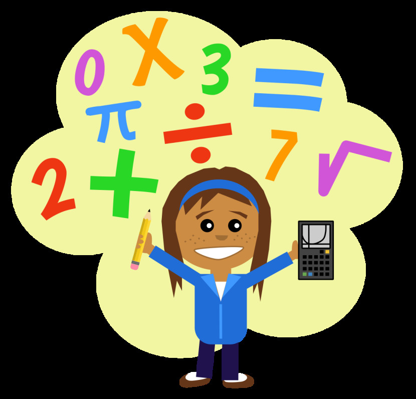 Cartoon girl surrounded by colorful math symbols.