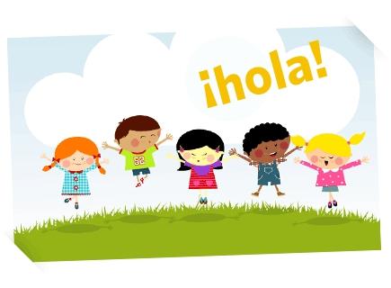 Cartoon children on grassy hill with cloudy sky and the word "Hola"