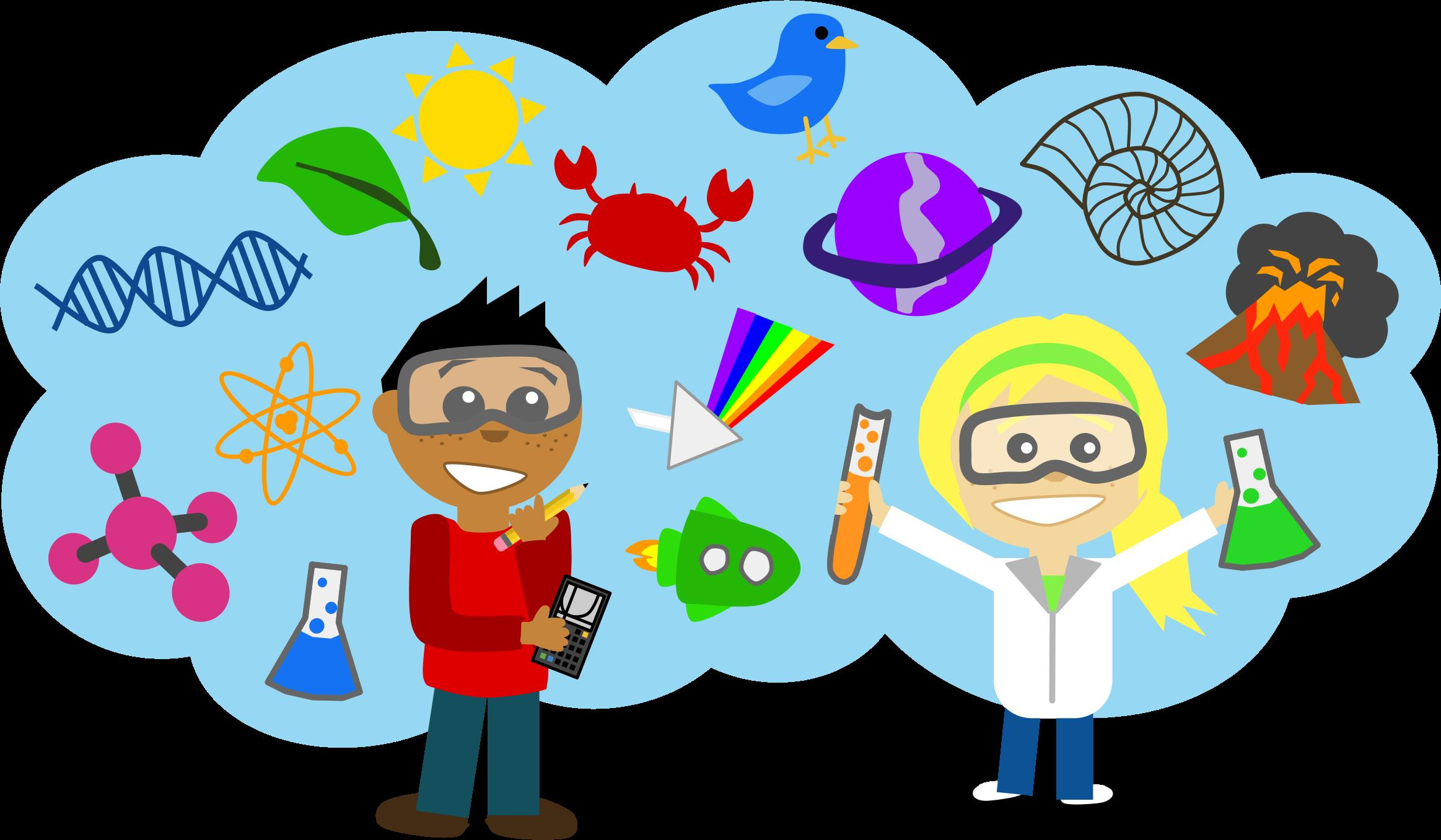 Cartoon boy and girl surrounded by science symbols