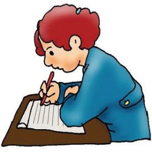 Cartoon image of a student writing a paper