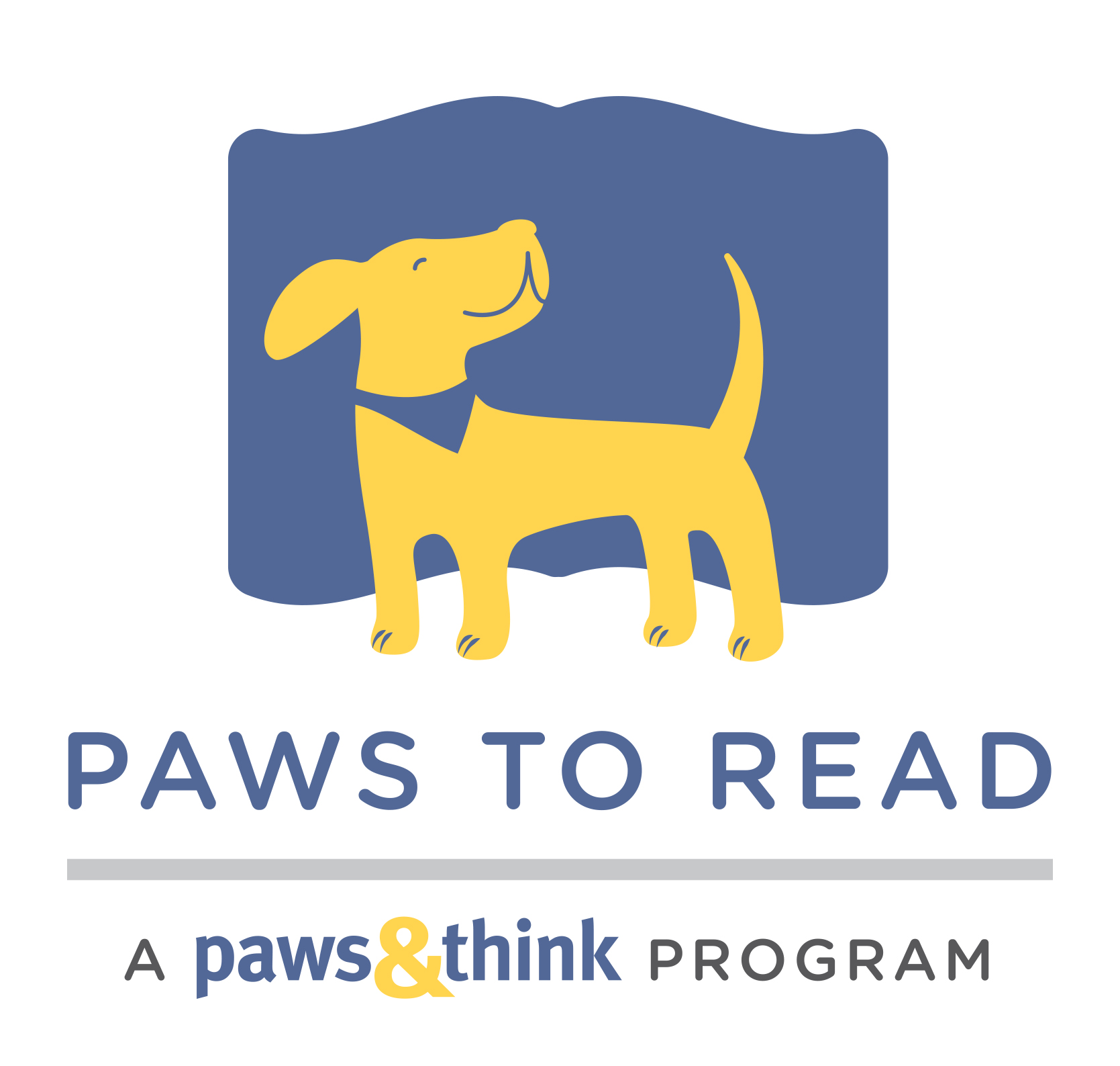 Illustration of yellow dog against blue background; Paws to Read logo