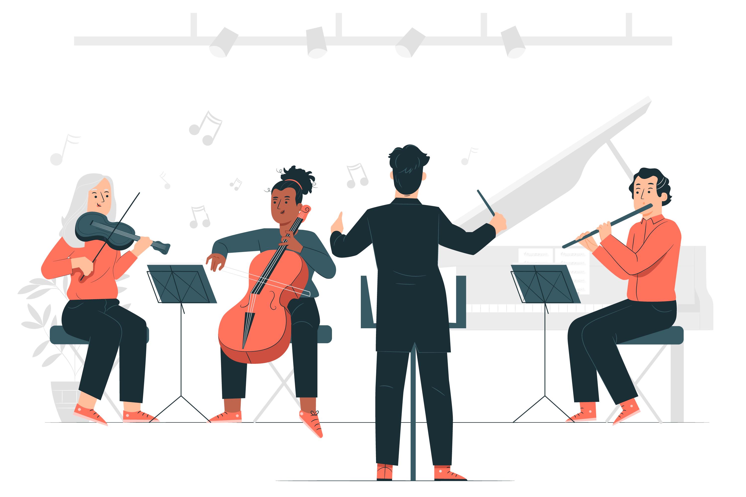 Cartoon image of director with several orchestra musicians