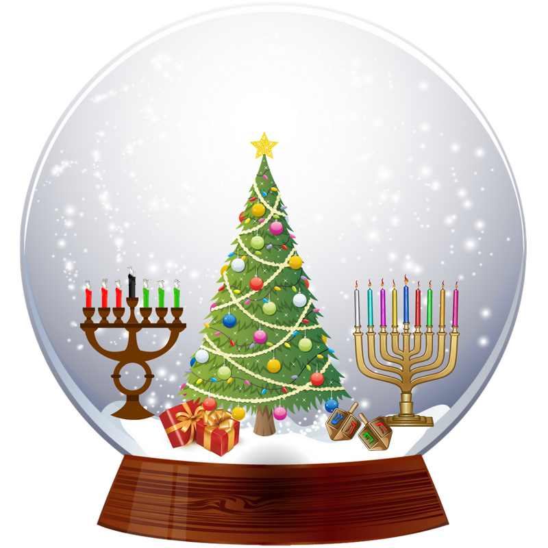 Snow globe with Christmas tree, Hanukkia, and Kwanzaa candles