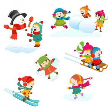 Cartoon of children playing in the snow and on the ice
