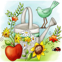 Cartoon of bird perched on watering can, surrounded by flowers and fruit