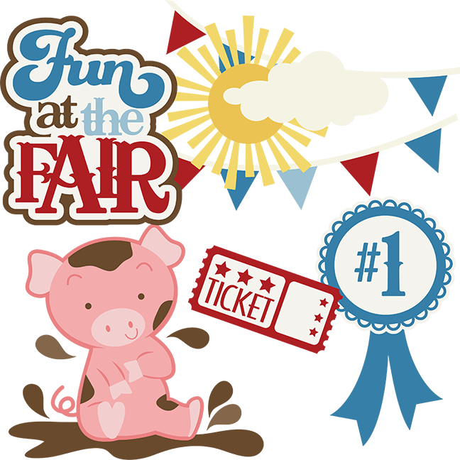 Cartoon images of a sun, banners, a pig, a ride ticket and a blue ribbon.  Text says "Fun at the Fair"