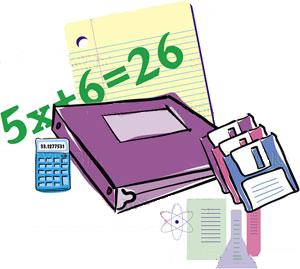 Illustration of math books and tools, with an equation written over the top