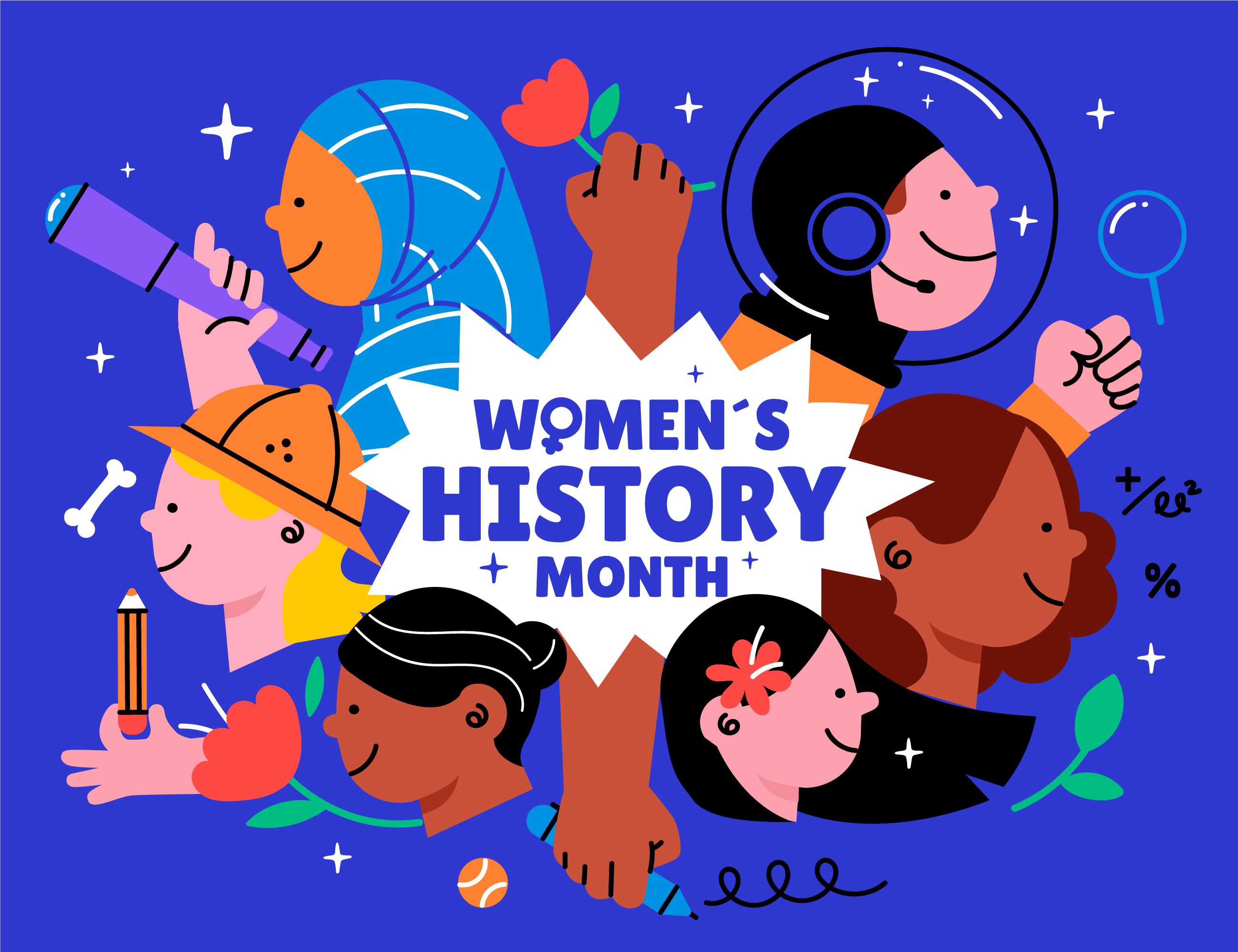 Illustration of diverse women against a blue background.  Text reads "Women's History Month"
