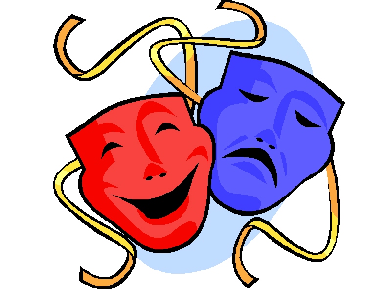 Illustration of happy and sad drama masks in red and blue