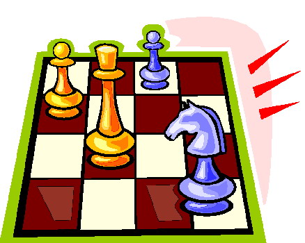 Cartoon illustration of a chess board and several chess pieces