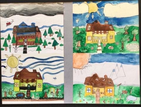 Example of student artwork illustrating a house in all four seasons.
